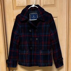 American Eagle Outfitters Women’s Plaid Wool Peacoat - Navy and Red